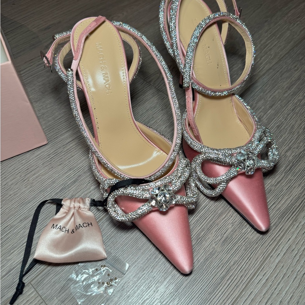 MACH & MACH Pink Satin Heels with Crystal Bow